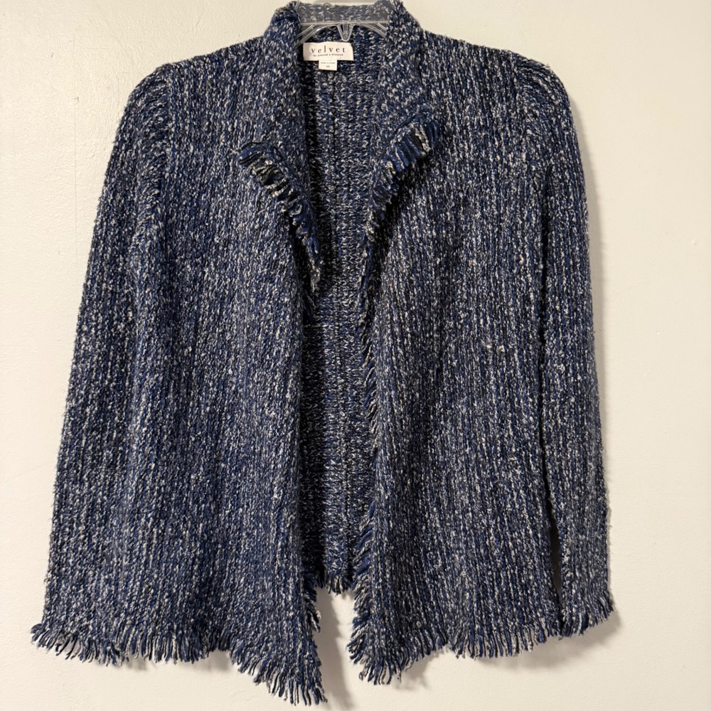 Velvet by Graham & Spencer Blue Marled Fringe Open Front Wool Blend Cardigan XS